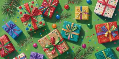 The primary subject of the image is a collection of colorful wrapped presents. The presents are placed on a green background, which adds a natural and festive touch to the scene. The visual style of the image is a painting, which gives it a more artistic and detailed appearance. The colors and mood of the painting are vibrant and cheerful, with the green background and the various colors of the presents creating a lively and joyful atmosphere.